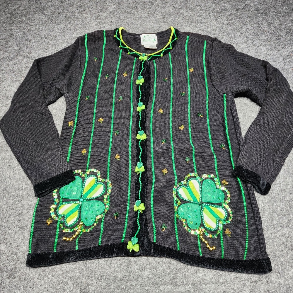 Quacker Factory St Patricks Day Shamrock Luck Irish Cardigan Sweater Large Beads